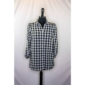 Nanette Lepore Blouse Sheer Black White Check Plaid Size M